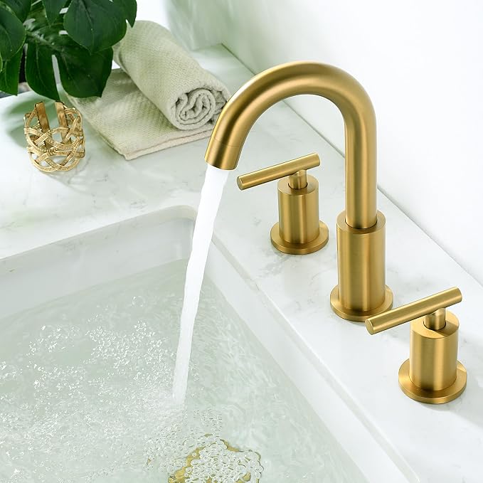 Brushed Brass Bathroom Faucet 3 Hole with Pop Up Drain with Over Flow and Supply Hose, Stainless Steel 8 in Widespread Gold Bathroom Sink Faucet, ChiLDano 2 Handle Gold Bathroom Faucet CH2183BBG