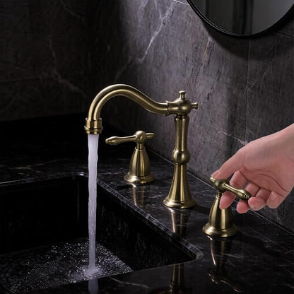 TRUSTMI 8" Widespread Brushed Gold Faucet w/Pop-Up Drain & Supply Lines | Solid Brass, fits 3-Hole Vanity Sink, cUPC Lines, Overflow Drain