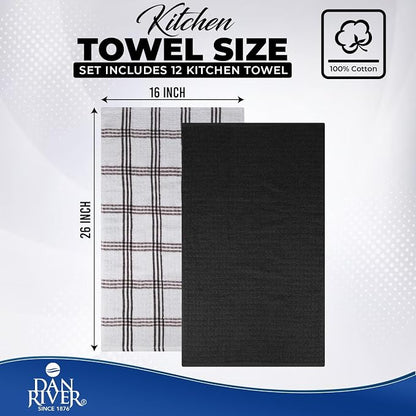 DAN RIVER Black Kitchen Towels,12 Pack,16x26 Inches Absorbent Dish Towels | 100% Cotton Absorbent Soft cotton kitchen towels for drying dishes, Quick Dry, Dish Towels for kitchen,Tea and Bar towels set