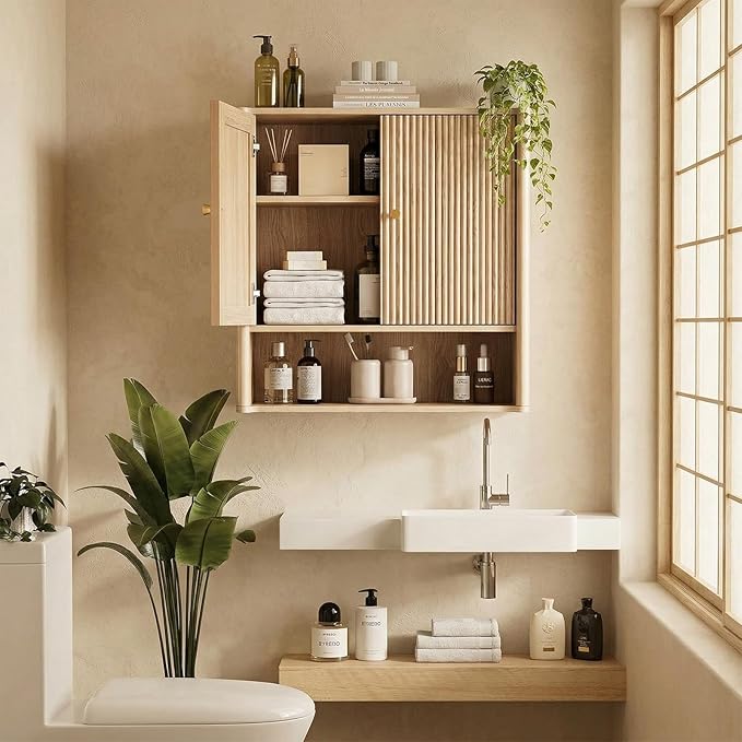 Bathroom Wall Cabinet, Medicine Cabinet with Adjustable Wood Shelf & Doors, Over The Toilet Storage Organizer Wall Mounted Storage Cabinet for Laundry Room, Kitchen, Living Room, Cupboard, OAK