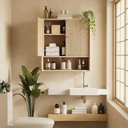 Bathroom Wall Cabinet, Medicine Cabinet with Adjustable Wood Shelf & Doors, Over The Toilet Storage Organizer Wall Mounted Storage Cabinet for Laundry Room, Kitchen, Living Room, Cupboard, OAK