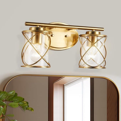 2-Lights Bathroom Vanity Lights, Bathroom Light Fixtures Over Mirror, Brushed Gold Vanity Light, Farmhouse Wall Lights with Clear Glass Shade, Bathroom Wall Lamp for Mirror Kitchen Bedroom