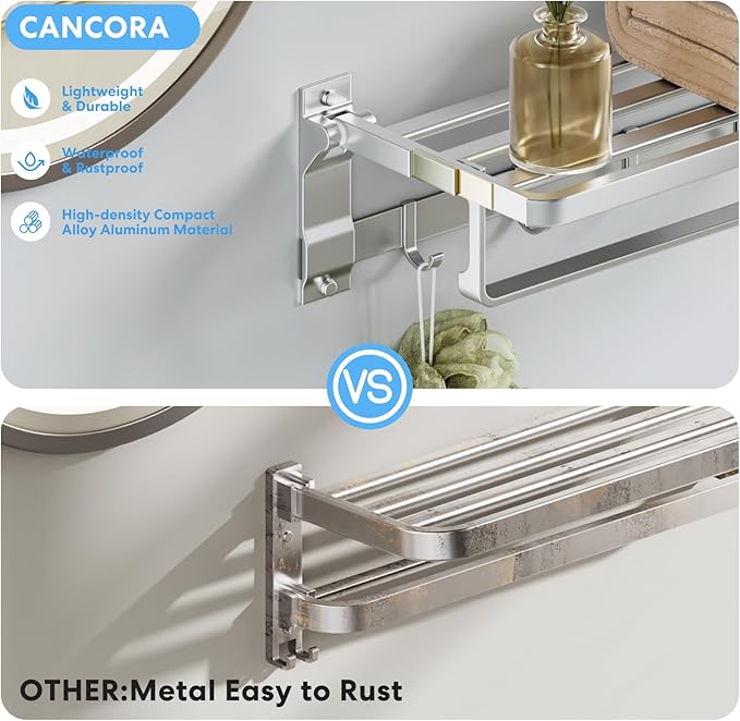 90°Foldable Towel Rack for Bathroom, 23 Inch Wall Mounted Towel Holder with Shelf & 5 Hooks, Rustproof Space Aluminum Towel Bar, Hotel, Kitchen, Laundry, Silver