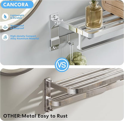 90°Foldable Towel Rack for Bathroom, 23 Inch Wall Mounted Towel Holder with Shelf & 5 Hooks, Rustproof Space Aluminum Towel Bar, Hotel, Kitchen, Laundry, Silver