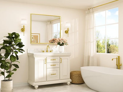 Brushed Gold Vanity Mirror for Bathroom 40" x 36" Brushed Brass Rectangle Beveled Framed Bathroom Wall Mirror for Over Sink, Tempered Glass, Modern Farmhouse Bedroom, Entryway, Living Room