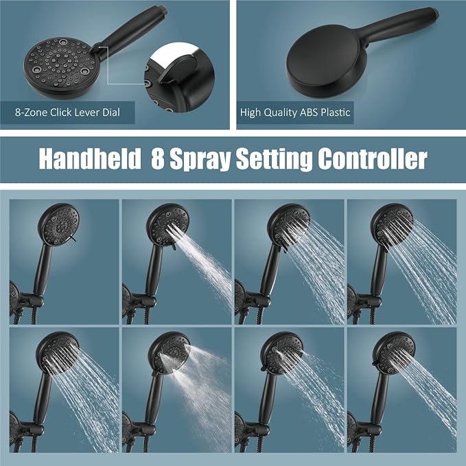 Aolemi Tub Shower Faucet Set Dual 8 Mode Head Valve Kit Matte Black | Valve and Trim Kit, ABS Shower Head and Handheld System, Bathroom Bath Tub Spout 6.3",SUS304,Single Handle
