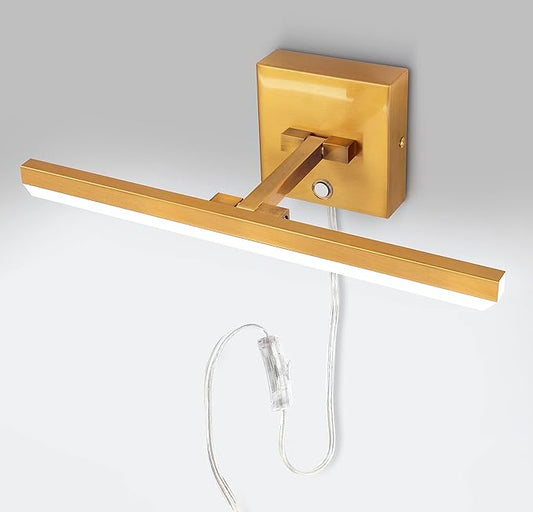 MantoLite Bathroom Lighting Fixtures Over Mirror,Plug in LED Picture Lights for Wall Dimmable Bathroom Vanity Light 15inch Cabinet Wall Sconces with Ajustable Arm Bedside Reading Lamp,Brass,6000K 8W