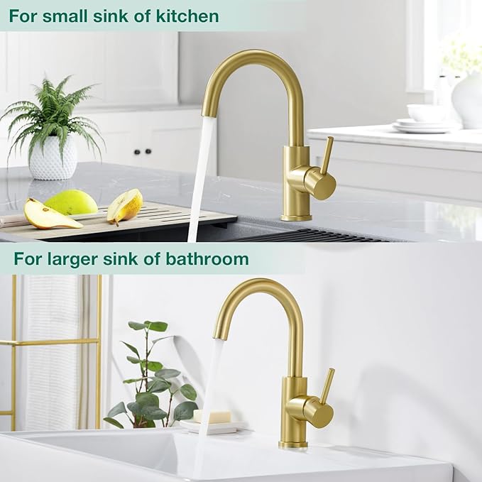 CREA Bar Sink Faucet Single Hole,Brushed Gold Faucets for Large Bathroom Basin/Small Kitchen Sink,Stainless Steel with Deck Plate,Prep Wet Bar Lavatory Vanity Outdoor