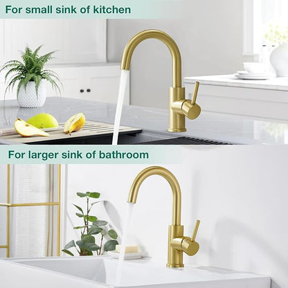 CREA Bar Sink Faucet Single Hole,Brushed Gold Faucets for Large Bathroom Basin/Small Kitchen Sink,Stainless Steel with Deck Plate,Prep Wet Bar Lavatory Vanity Outdoor