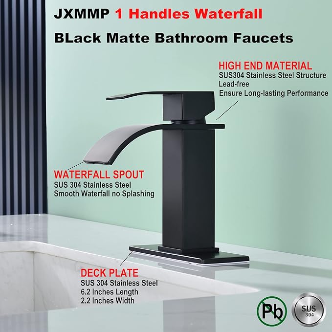Black Waterfall Bathroom Faucet Single Hole, Bathroom Sink Faucet with Pop Up Drainer Assembly and Deck Plate for 3 Hole Installation JXM122BK