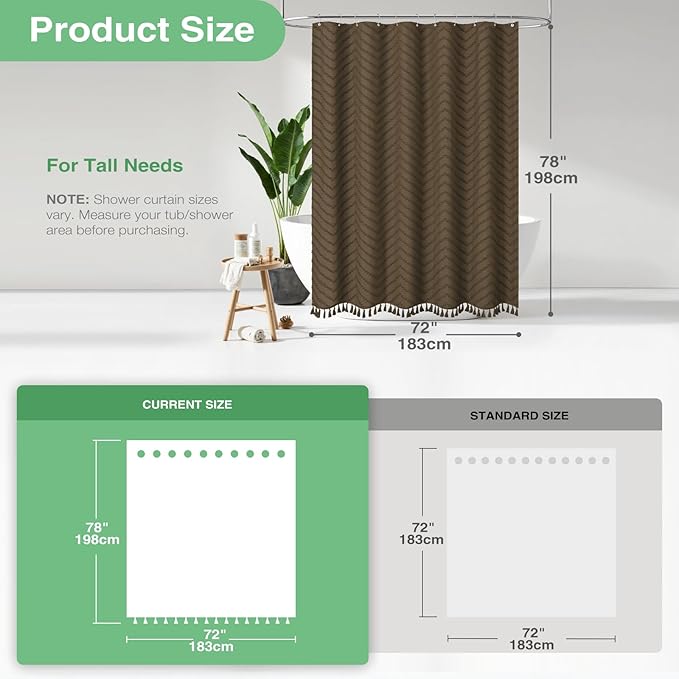 Dynamene 78 Inches Long Shower Curtain, Boho Tufted Chevron Striped Tall Cloth Shower Curtains for Bathroom Decor, Large Hotel Spa Luxury Shower Curtain Set with Hooks, Wrinkle Free, Brown, 72x78