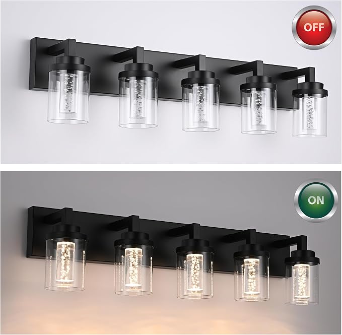 MELUCEE Black LED Vanity Lights for Bathroom 5 Color Temperature | 5CCT 25W Dimmable Bathroom Lights with Bubble Crystal and Clear Glass Shade,Built-In Led Chips,3000K-6000K