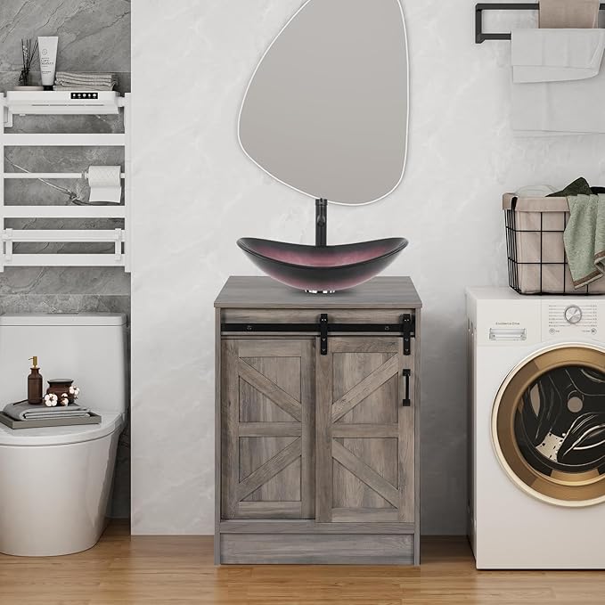 24" Farmhouse Bathroom Vanity with Sink, Bathroom Storage Cabinet with Sliding Barn Doors & Metal Handle, Freestanding Vanity with Tempered Pink Boat Glass Vessel Sink Combo Set