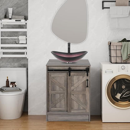 24" Farmhouse Bathroom Vanity with Sink, Bathroom Storage Cabinet with Sliding Barn Doors & Metal Handle, Freestanding Vanity with Tempered Pink Boat Glass Vessel Sink Combo Set
