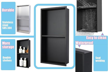 24 x 12 in Recessed Shower Niche with Double Shelves, Matte Black Stainless Steel Wall Insert, No Tile Needed, Leakproof Built-in Storage for Bathroom, Kitchen