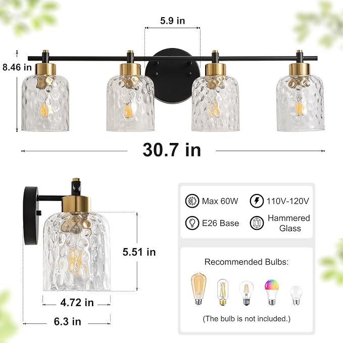 4 Light Black and Brass Bathroom Light Fixture with Hammered Glass Mirror | 30.7" Black and Gold Farmhouse Vanity Light, Vanity Lighting Fixtures, Rustic Vanity Lights for Bathroom Lights for Makeup