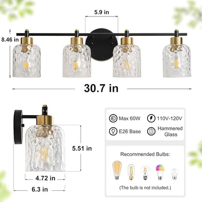 4 Light Black and Brass Bathroom Light Fixture with Hammered Glass Mirror | 30.7" Black and Gold Farmhouse Vanity Light, Vanity Lighting Fixtures, Rustic Vanity Lights for Bathroom Lights for Makeup