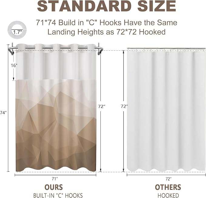 No Hook Shower Curtain with Snap in Liner Set, Brown, 71x74 | Waterproof Fabric for Bathroom, Modern Hotel Style Ombre Design, Mesh Top Window, Machine Washable, Quick Install
