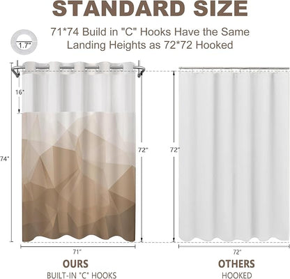 No Hook Shower Curtain with Snap in Liner Set, Brown, 71x74 | Waterproof Fabric for Bathroom, Modern Hotel Style Ombre Design, Mesh Top Window, Machine Washable, Quick Install