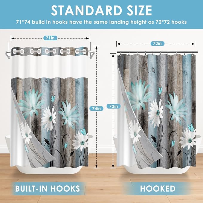 No Hook Shower Curtain with Snap in Liner 71x74 Inch Teal Daisy | Butterfly Farmhouse Rustic Modern Double Layers Waterproof Fabric with See Through Top Window Open Grommet Bath Curtain