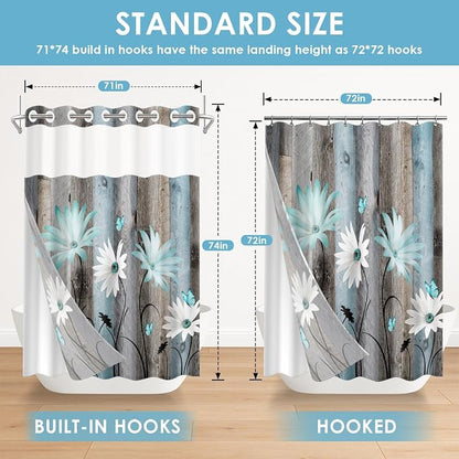 No Hook Shower Curtain with Snap in Liner 71x74 Inch Teal Daisy | Butterfly Farmhouse Rustic Modern Double Layers Waterproof Fabric with See Through Top Window Open Grommet Bath Curtain