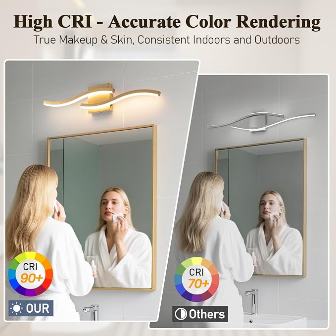 Gold Curved Bathroom Vanity Light Fixture Over Mirror, 23.62 inch Modern LED Wall Lamp 5CCT Dimmable Bathroom Light Fixture Modern Vanity Lighting Wall Sconces