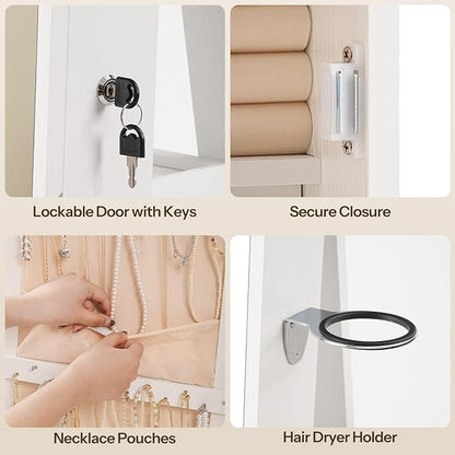 HOOBRO 360° Swivel Jewelry Cabinet with LED Lights, Standing Jewelry Armoire with 2 Drawers, Rotatable Full-Length Mirror Jewelry Organizer, Lockable Jewelry Storage Cabinet Makeup Brush Boxes, White