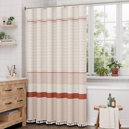 AmazerBath Boho Shower Curtain, Modern Farmhouse Shower Curtain Set with Tassels, Rustic Faux Linen Red Striped Shower Curtain with Hooks, Light Tan Toned, 72x72 Inches