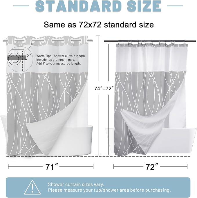 Ombre Light Grey No Hook Shower Curtain with Liner, 71 x 74 Inch | Stripe Pattern,Waterproof,Quick Dry,Mesh Top Window,Bottom Magnets,Hotel Style,Machine Washable,Modern,for Bathroom