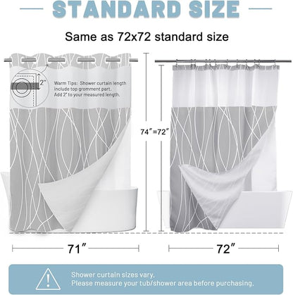 Ombre Light Grey No Hook Shower Curtain with Liner, 71 x 74 Inch | Stripe Pattern,Waterproof,Quick Dry,Mesh Top Window,Bottom Magnets,Hotel Style,Machine Washable,Modern,for Bathroom