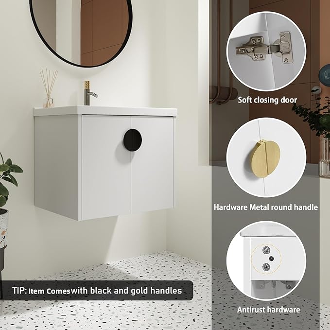SSLine Modern 24-Inch Bathroom Vanity with Sink Wall Mounted Bathroom Vanity with Top Basin & Storage Cabinet White Wood Floating Vanity w/Ceramic Sink & Gold/Black Handles for Small Space