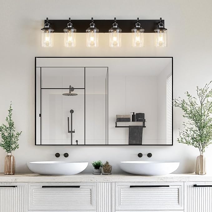 6-Light Black Bathroom Light Fixture Over Mirror Modern Farmhouse Bathroom Vanity Light Vintage Wall Lighting with Clear Glass Shade for Bathroom, Bedroom, Hallway, Cabinet