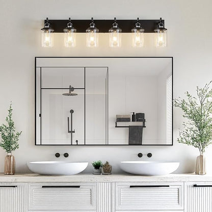 6-Light Black Bathroom Light Fixture Over Mirror Modern Farmhouse Bathroom Vanity Light Vintage Wall Lighting with Clear Glass Shade for Bathroom, Bedroom, Hallway, Cabinet