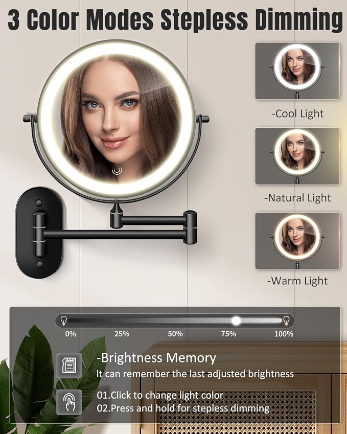 VFD 8'' 30X/1X Wall Mounted Lighted Magnifying Makeup Mirror with Lights | Double Sided Rechargeable Bathroom Mirror, 3 Color Lights Touch Dimmable Extended Arm 360 Rotation Light up Mirrors