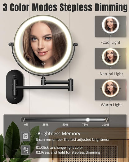 VFD 8'' 30X/1X Wall Mounted Lighted Magnifying Makeup Mirror with Lights | Double Sided Rechargeable Bathroom Mirror, 3 Color Lights Touch Dimmable Extended Arm 360 Rotation Light up Mirrors