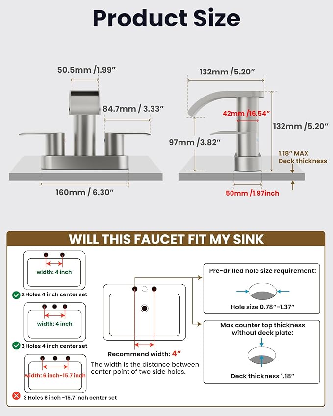 gotonovo 4 Inch Centerset Waterfall Bathroom Sink Faucet Deck Mount 2 Handle Basin Faucets 2 or 3 Hole with Pop Up Drain Included Lavatory Modern Mixer Tap Vanity Faucet Brushed Nickel