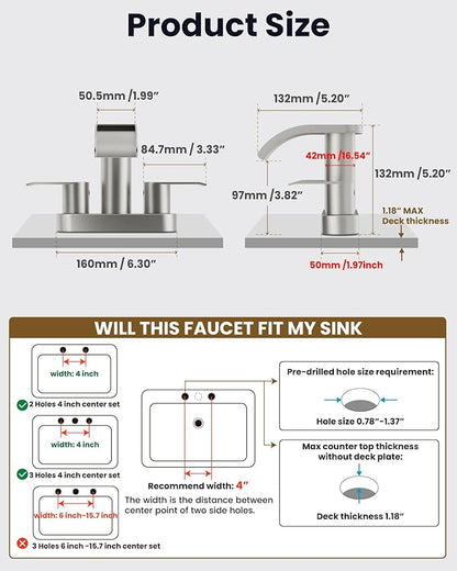 gotonovo 4 Inch Centerset Waterfall Bathroom Sink Faucet Deck Mount 2 Handle Basin Faucets 2 or 3 Hole with Pop Up Drain Included Lavatory Modern Mixer Tap Vanity Faucet Brushed Nickel