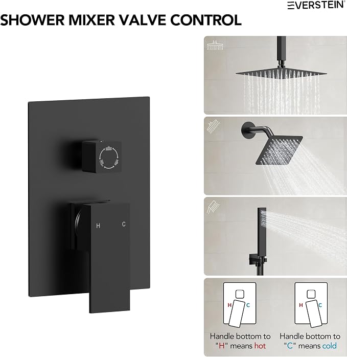 10" High-Pressure Rainfall Shower Faucet, Celling Mount Dual Shower Head System, Matte Black