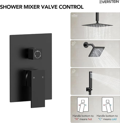 10" High-Pressure Rainfall Shower Faucet, Celling Mount Dual Shower Head System, Matte Black