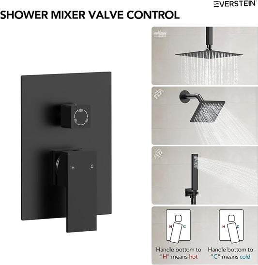 10" High-Pressure Rainfall Shower Faucet, Celling Mount Dual Shower Head System, Matte Black