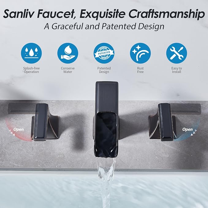 Oil Rubbed Bronze Bathroom Faucet, Sanliv 2-Handle Widespread Bathroom Faucet for 3-Hole Sinks 4-16 inch, Bronze Waterfall Vanity Faucet with Pop-Up Drain (ORB)