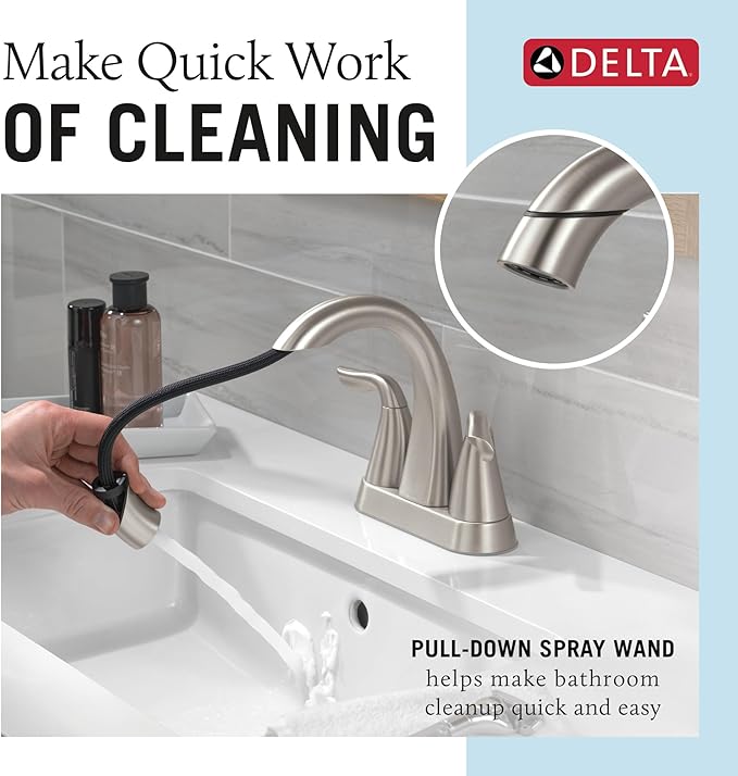 Delta Arvo Centerset Brushed Nickel Bathroom Faucet with Sprayer, 4 Inch 3 Hole Bathroom Sink Faucet with Pull Out Sprayer, Push-Pop Drain, SpotShield Brushed Nickel 25840LF-SPPD