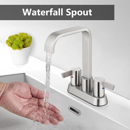 Brushed Nickel Waterfall Bathroom Faucet 4 Inch Centerset,2-Handle | Stainless Steel 3-Hole Deck-Mount Design Includes Supply Lines and Pop-Up Drain for a Complete Vanity Installation