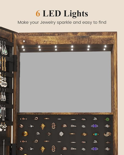 LVSOMT LED Jewelry Cabinet Standing, 360° Swivel Jewelry Armoire, Brown | Full Length Mirror with Storage, 3 Rear Shelves, Internal Mirror, 3 Color Lights, Lockable for Bedroom, Women Girls Gift