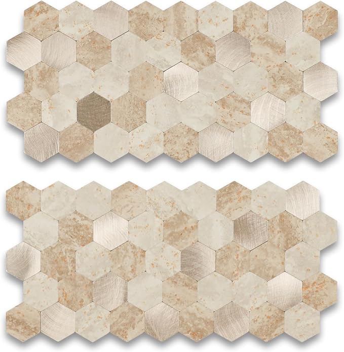 12 Sheets Peel and Stick Backsplash Tile, Hexagon Beige Stone Rock Mixed Brushed Metal Stick on Backsplash, Honeycomb Self Adhesive Mosaic Wall Tiles for Kitchen Bathroom (11.3" x 5.7")