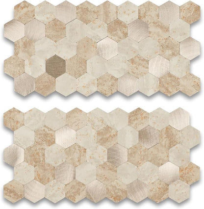 12 Sheets Peel and Stick Backsplash Tile, Hexagon Beige Stone Rock Mixed Brushed Metal Stick on Backsplash, Honeycomb Self Adhesive Mosaic Wall Tiles for Kitchen Bathroom (11.3" x 5.7")