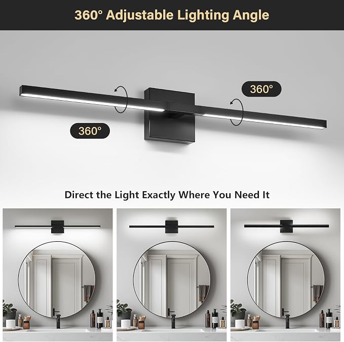 Black Bathroom Vanity Light, 31 Inch LED Light Bar Over Mirror | Modern Bathroom Light Fixture Over Mirror for Vanity, 360° Rotatable Dimmable LED Wall Mounted Lighting, ETL Certified