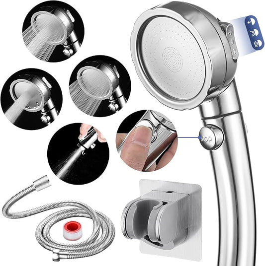 HANLIAN Chrome On/Off High Pressure Handheld Shower Head for RV Camper | 3 Spray Modes Shower Head with Pause Button, Water Saving Shower Head with Hose and Adjustable Self-adhesive Holder