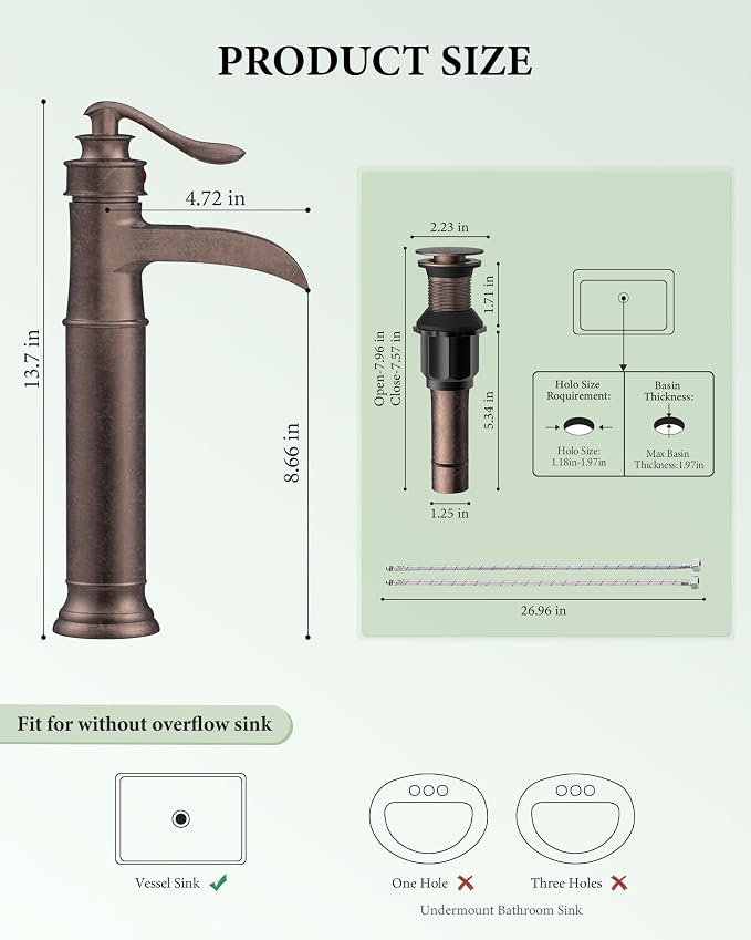 Vessel Sink Faucet Copper Tall Bathroom Faucets Waterfall Single Handle | 1 Hole Farmhouse Antique with Pop up Drain Assembly and Supply Lines Mixer Tap Without Overflow Counter Top by Homevacious