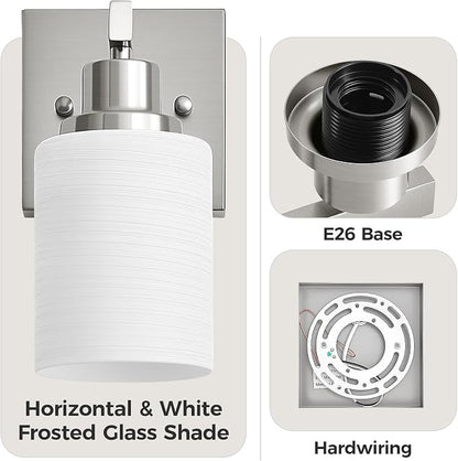 Bathroom Wall Sconces Set of 2,Brushed Nickel Wall Sconce,Vanity Light with White Glass Shade Wall Mounted Light Fixture,Farmhouse Wall Lamp for Bedroom Living Room Mirror Hallway